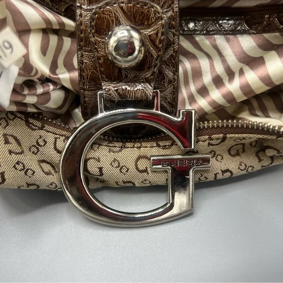 Vintage Guess  Beige & Brown Logo Hobo with Croc-Embossed Trim - Picture 7 of 16